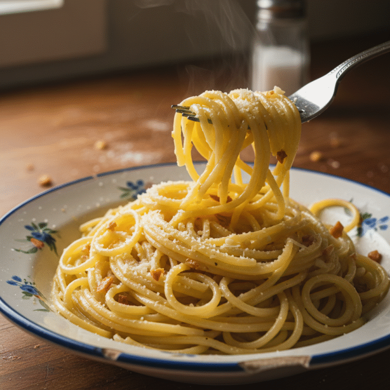 Microwave garlic butter pasta dish with melted butter and herbs showing quick easy pasta meal.