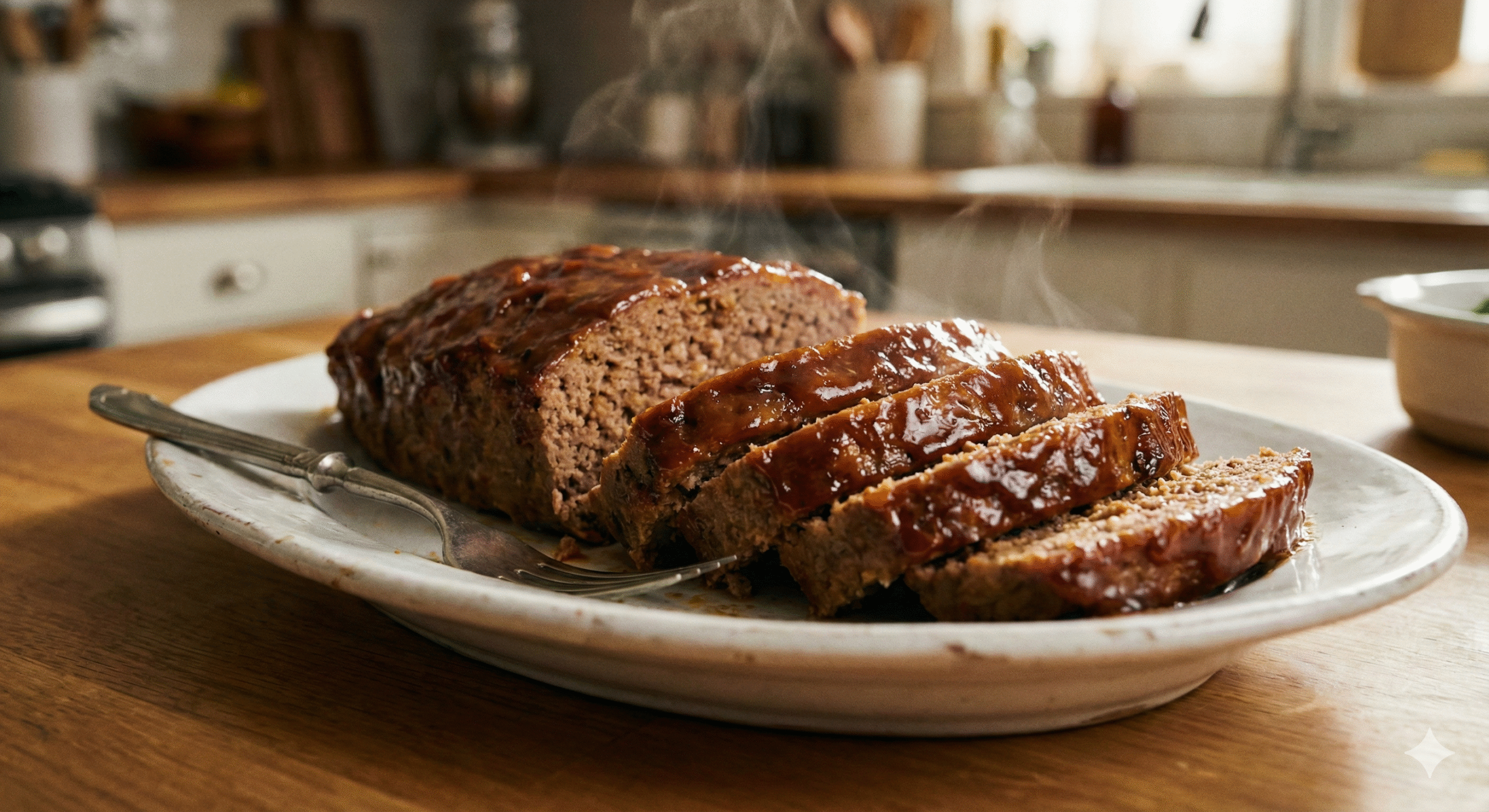 Sliced microwave meatloaf recipe with glaze on white plate showing moist interior cooked in 15 minutes.