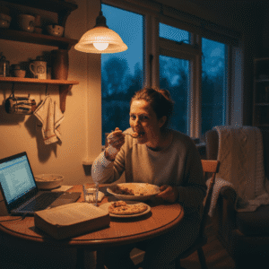 Busy professional enjoying quick microwave chicken curry after long day, easy dinner recipe.