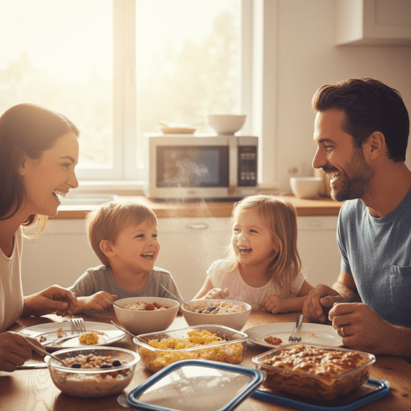 Happy family enjoying quick healthy breakfast meals made in microwave oven - time-saving cooking guide