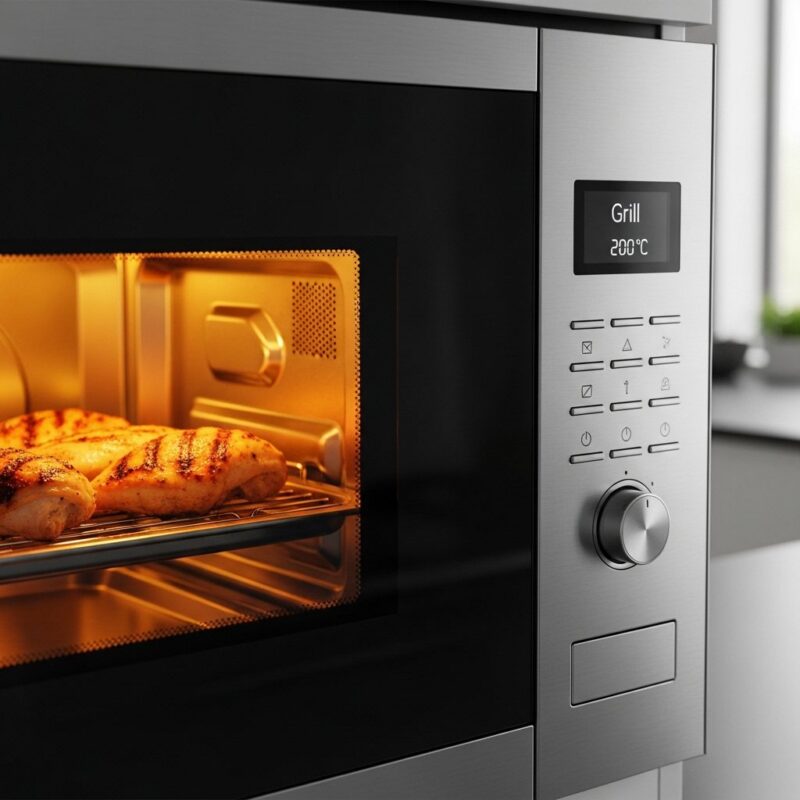 Chicken pieces on a grill rack inside a modern microwave oven set to the 'Grill' mode for Easy Delicious Grilled Chicken.