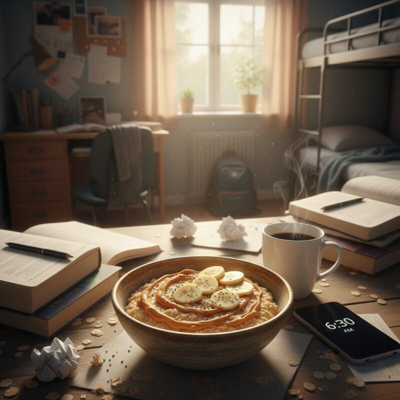 Nutritious microwave oatmeal with peanut butter and banana quick healthy breakfast for students abroad budget morning meal in hostel.