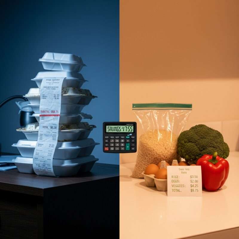 Cost comparison showing microwave cooking savings versus takeout expenses for students on budget monthly meal costs breakdown for hostels,