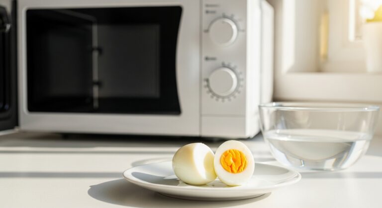 Perfect hard boiled egg cooked in microwave showing yellow yolk and white egg on plate with microwave in background.