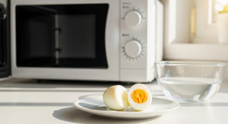Perfect hard boiled egg cooked in microwave showing yellow yolk and white egg on plate with microwave in background.