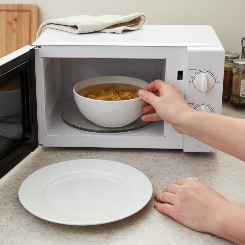 Step by step microwave pasta cooking method showing pasta in bowl ready to cook in microwave.