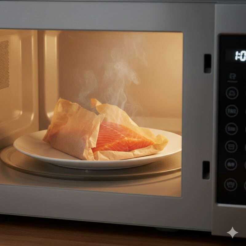 Close-up of raw salmon fillet wrapped in vented parchment paper on a plate inside a microwave oven, illustrating the safe and quick cooking method.