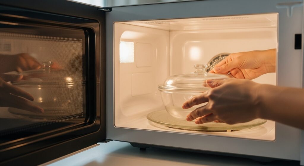 Hands placing microwave safe bowl on turntable inside microwave oven showing proper food placement technique.