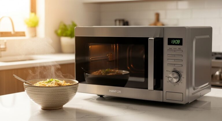 Person using microwave oven to reheat food in modern kitchen with simple steps for beginners.