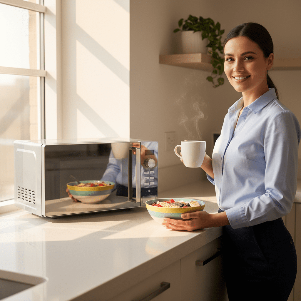 Busy professional woman using microwave oven for quick healthy breakfast in modern kitchen - microwave cooking guide.
