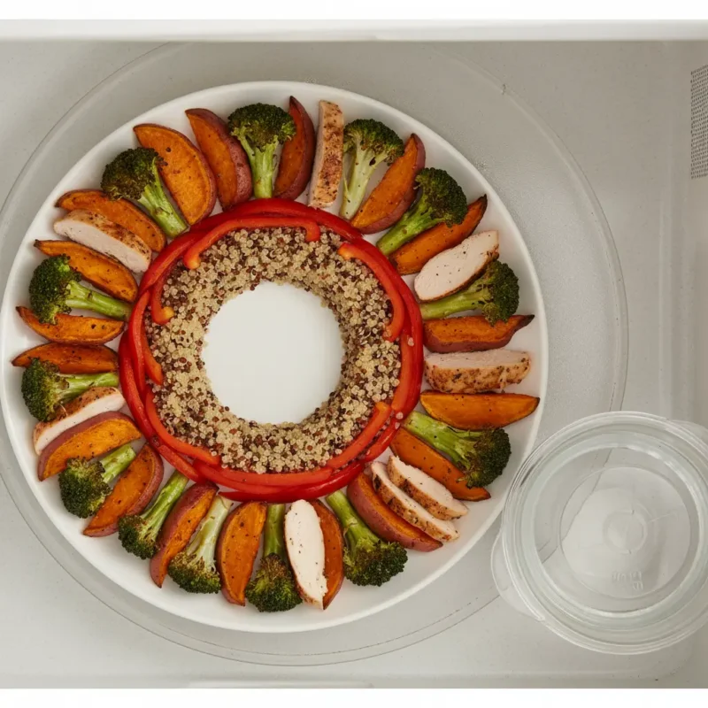  Circular arrangement of sliced chicken, sweet potatoes, broccoli, and quinoa on a plate inside a microwave.