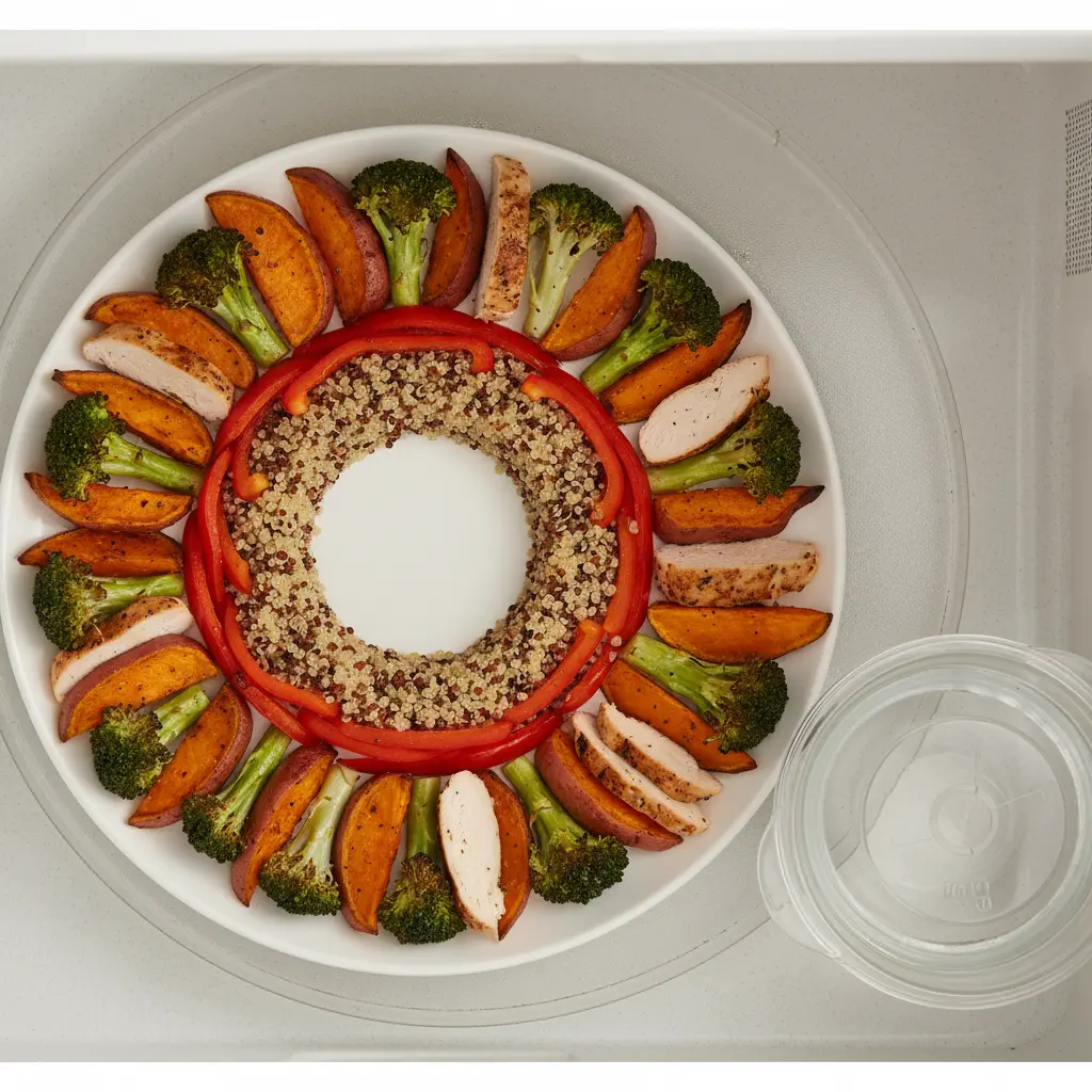 Food properly arranged in circle on microwave-safe plate with center empty for even reheating - microwave cooking tips