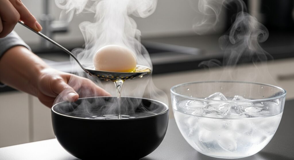 Hands transferring hot microwave cooked hard boiled egg into ice water bath for easy peeling.