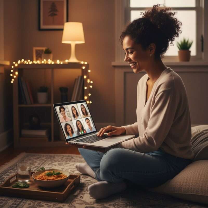 Student staying connected with family overseas while enjoying affordable homemade dinner, showing emotional benefits of budget cooking