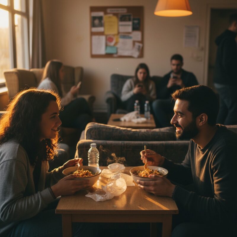 Diverse international students and migrant workers sharing homemade microwave meals in hostel showing community support friendship connection abroad.