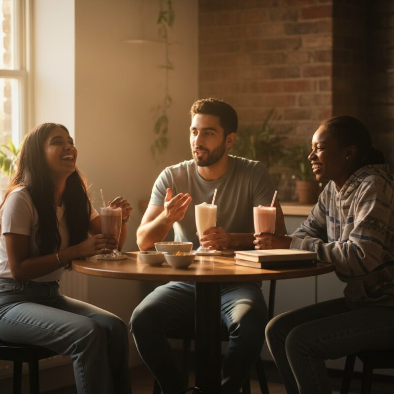 Diverse group of international students and migrant workers sharing date milk shakes during Ramadan iftar breaking fast together.