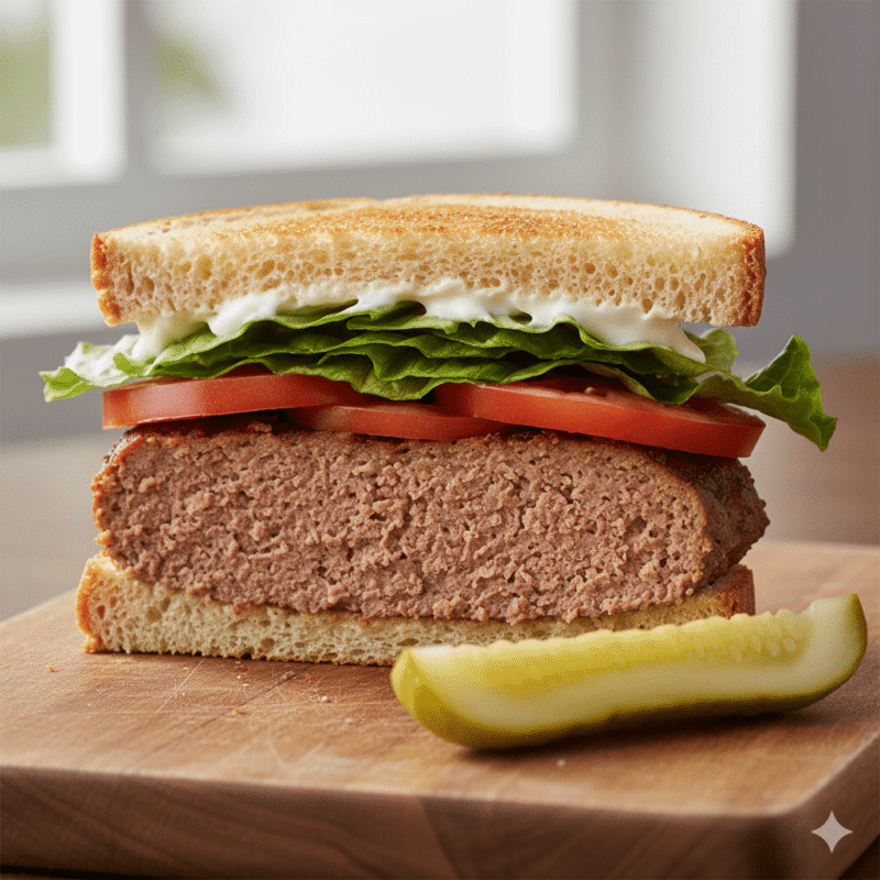 Cold meatloaf sandwich made from microwave meatloaf recipe leftovers with lettuce tomato on toasted bread.