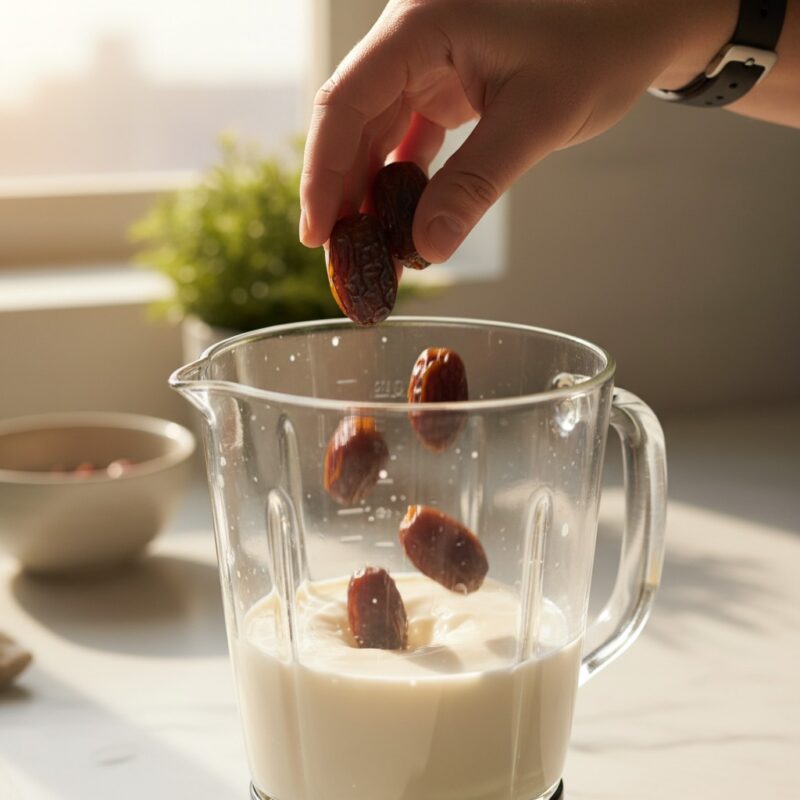 Hand adding pitted dates into blender with milk to make nutritious date milkshake for breaking Ramadan fast.