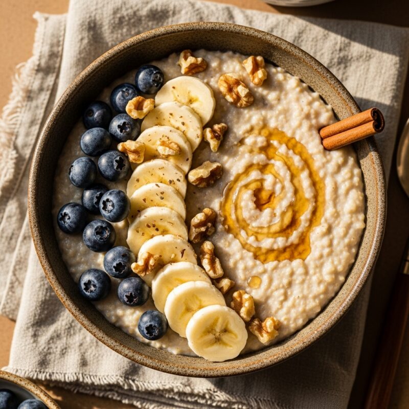 Maple cinnamon oatmeal bowl topped with banana, blueberries, and walnuts in ceramic bowl.