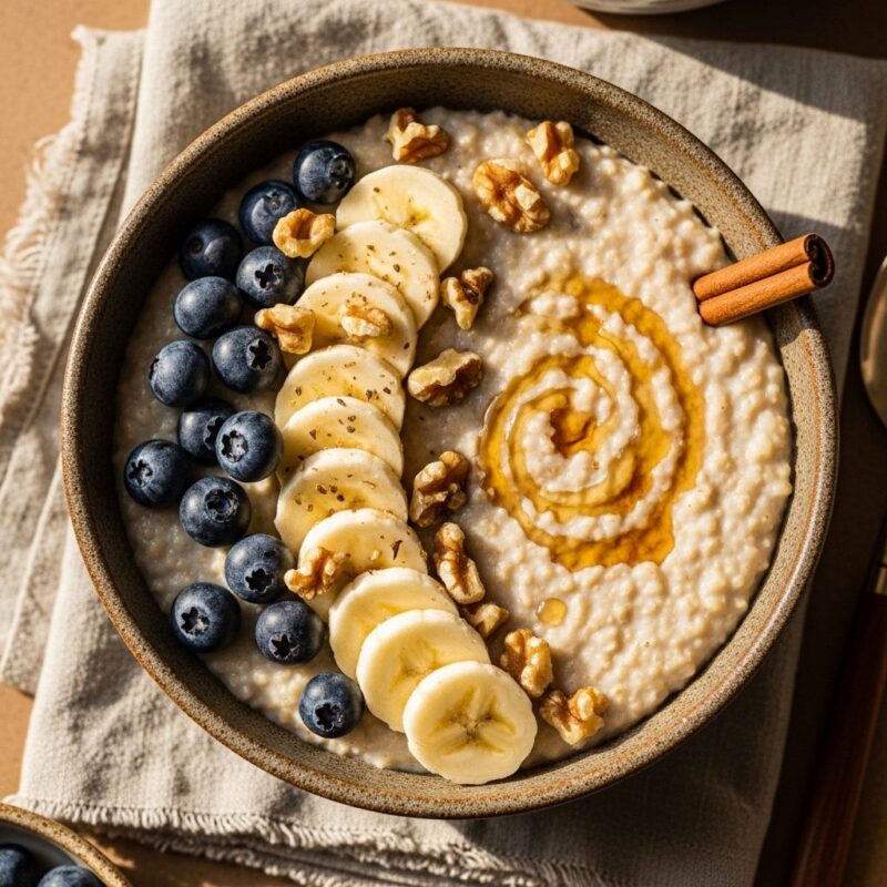 Maple cinnamon oatmeal bowl topped with banana, blueberries, and walnuts in ceramic bowl.
