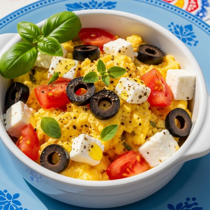 Mediterranean egg scramble with feta, olives, and tomatoes in white bowl on blue plate.