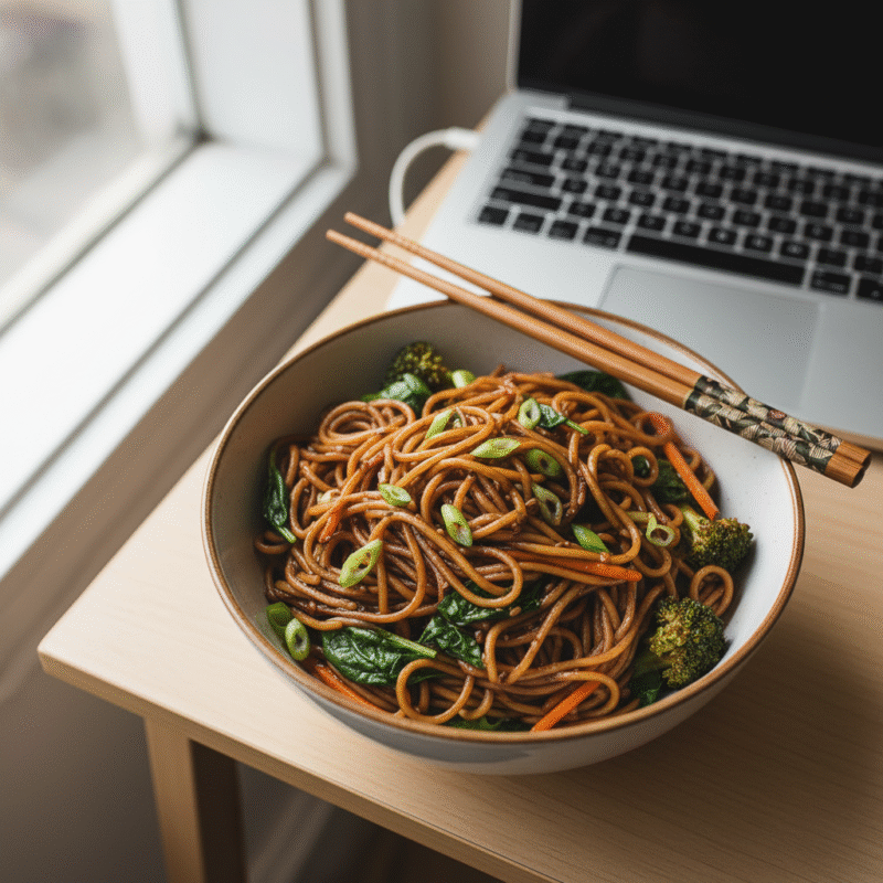 Asian style microwave pasta noodles with soy sauce and vegetables showing quick international pasta dishes.