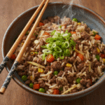 Complete microwave beef and rice bowl with ground beef instant rice and mixed vegetables in ceramic bowl.