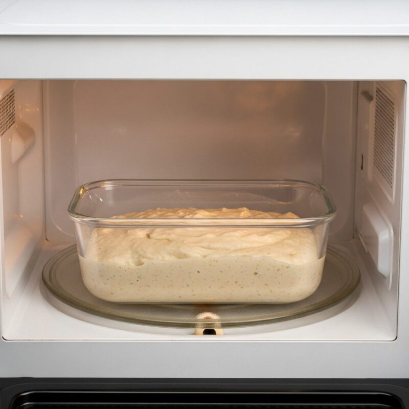 Glass container with microwave bread batter ready to cook in microwave.