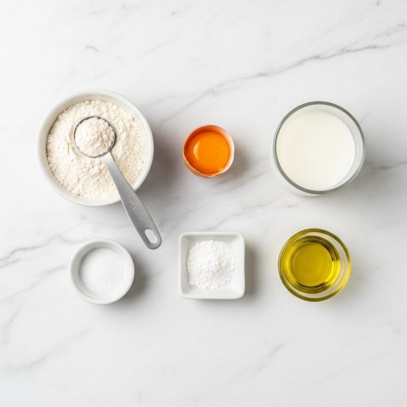 Simple ingredients for 90 second microwave bread including flour, egg, milk, and baking powder on marble counter.
