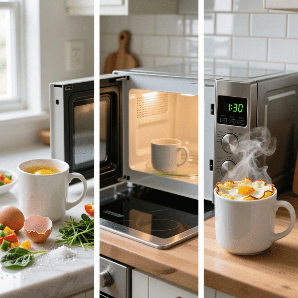 Three step process showing microwave breakfast cooking from ingredients to finished meal in 90 seconds.
