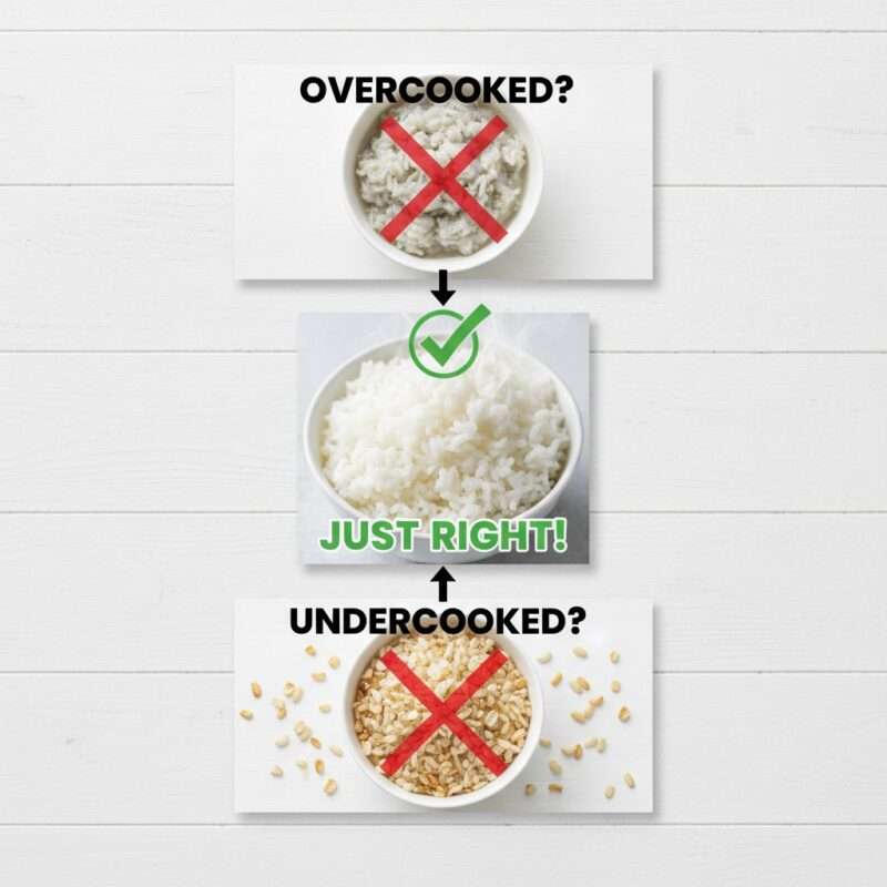 Common microwave rice cooking problems and solutions showing overcooked undercooked fixes for beginner hostel cooks students learning.