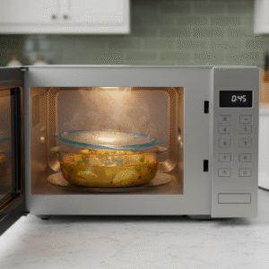 Chicken curry cooking in microwave with lid, easy 15 minute dinner recipe method.