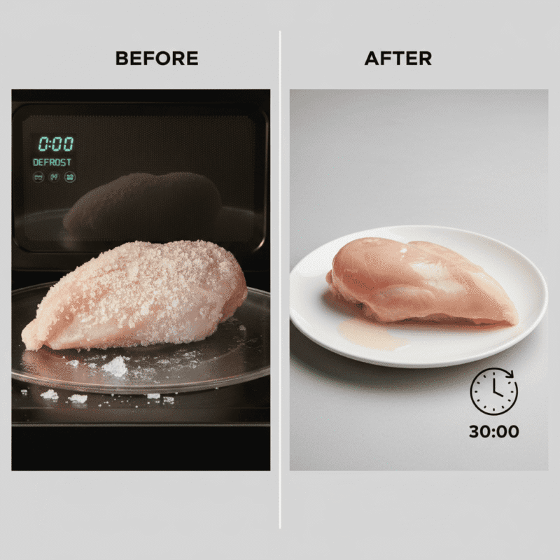 Before and after comparison of frozen chicken defrosting in microwave oven using proper defrost setting