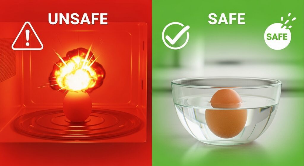 Comparison showing unsafe dry egg versus safe water-submerged egg method for cooking hard boiled egg in microwave.