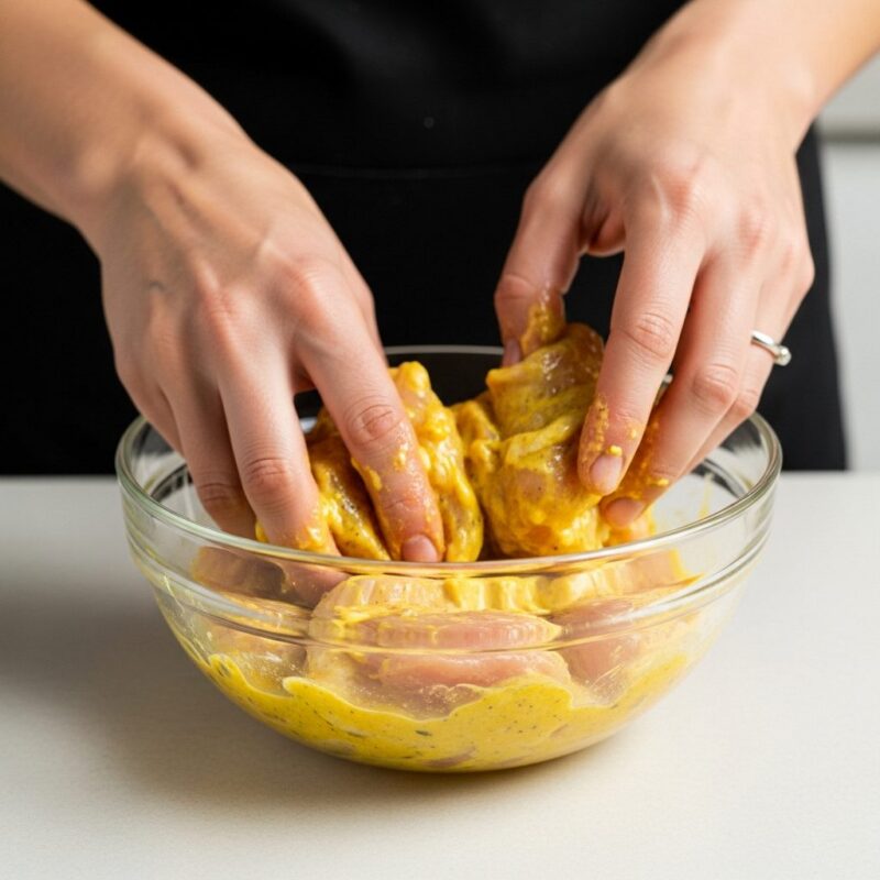 Hands mixing the easy marinade (yogurt and spices) for Microwave Grilled Chicken in a glass bowl.