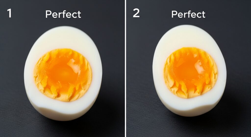 Three hard boiled eggs showing undercooked runny yolk perfect firm yolk and overcooked grey yolk from microwave.