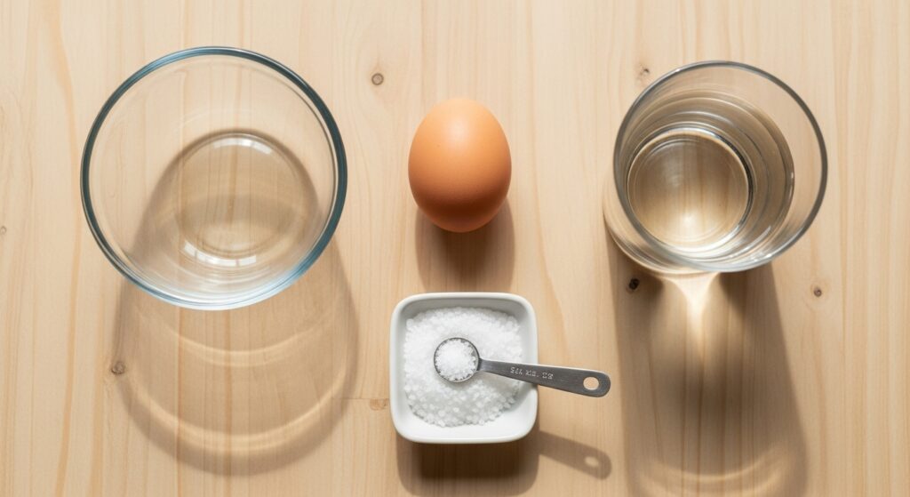 Supplies for cooking hard boiled egg in microwave including bowl water salt and raw egg on counter.