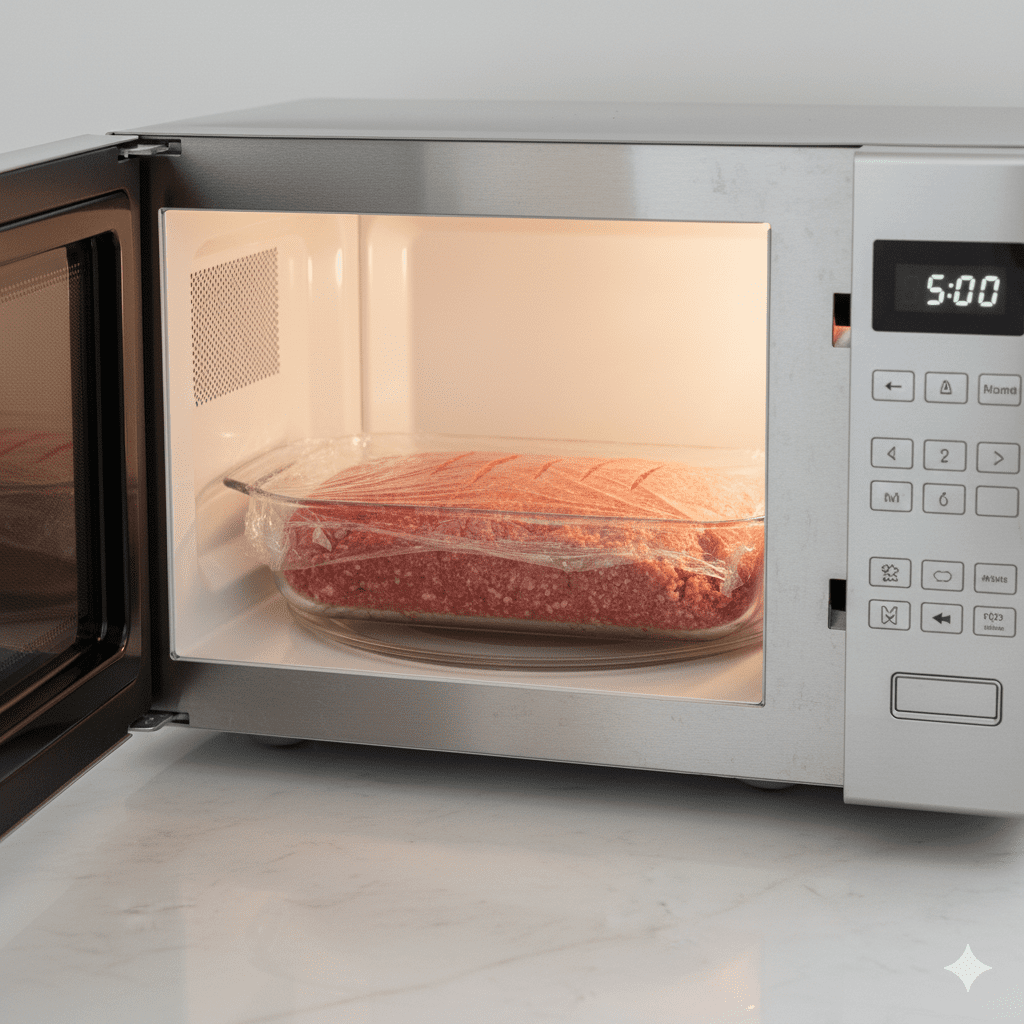 Meatloaf in covered glass dish inside microwave showing proper setup for microwave meatloaf recipe cooking.