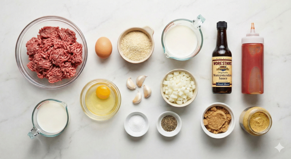 All ingredients for easy microwave meatloaf recipe including ground beef egg breadcrumbs and seasonings on counter.