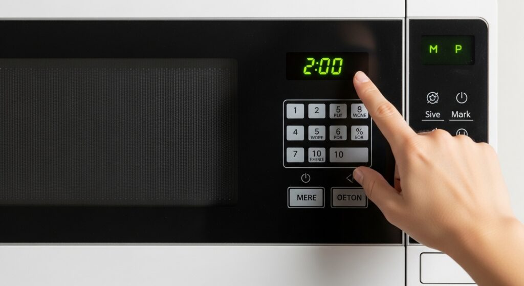 Person setting two minutes on microwave oven digital control panel pressing number buttons to start cooking.