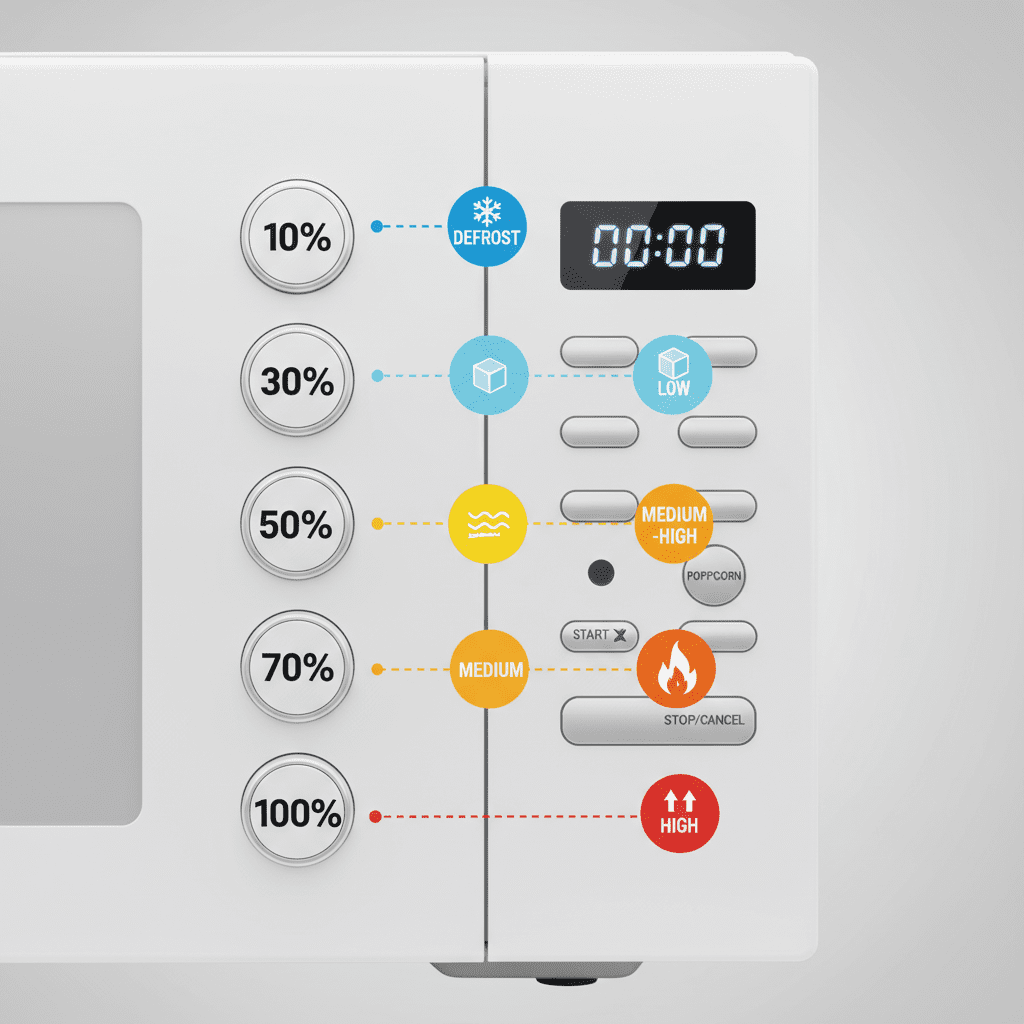 Microwave oven power level control panel showing defrost and cooking settings - how to use microwave power levels.