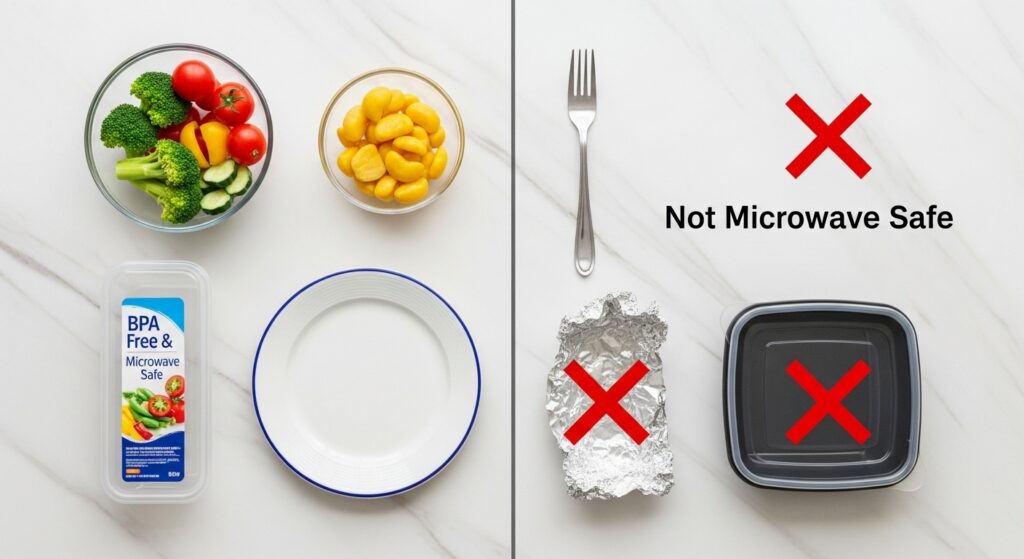 Microwave safe containers including glass ceramic and plastic versus unsafe metal items for microwave oven use.