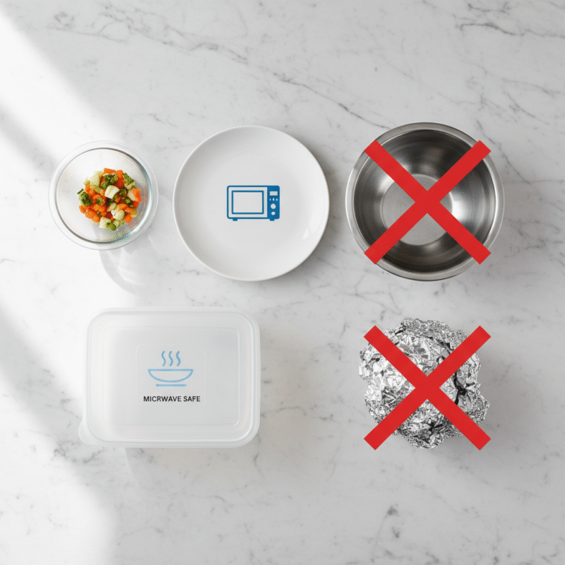 Infographic showing safe and unsafe containers for microwave use, including metal and foil marked with a red X.