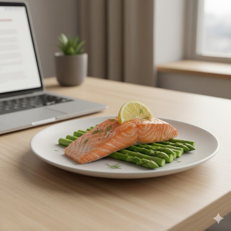 Perfectly cooked, flaky microwave salmon with asparagus and lemon on a professional desk, symbolizing a fast, nutritious meal for busy workers.