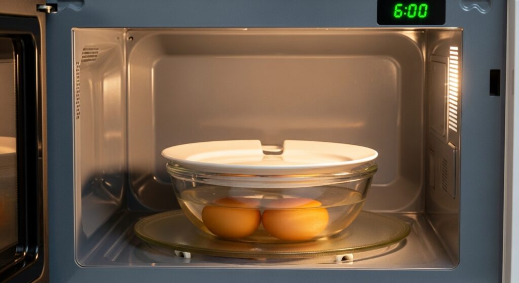 Bowl with egg in water inside microwave showing six minute timer setting for hard boiled egg.