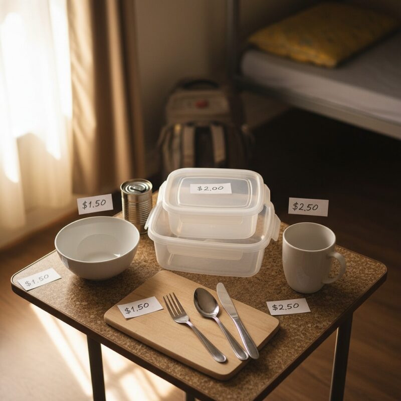 Basic affordable microwave cooking equipment for hostel residents showing budget-friendly starter kit under twenty dollars for students abroad.