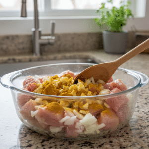 Microwave safe bowl with chicken curry ingredients mixed together before cooking.