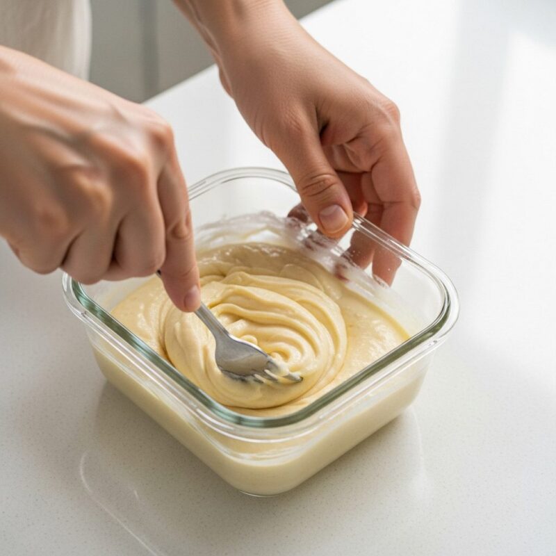 Hands mixing smooth 90 second microwave bread batter in glass container with fork.