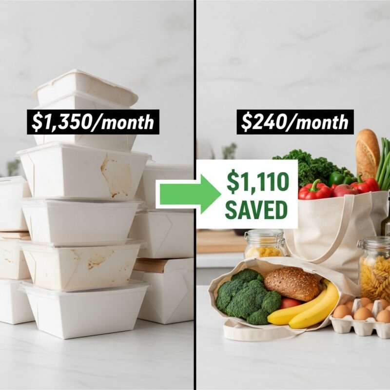 Visual cost breakdown comparing expensive takeout meals versus affordable homemade student meals showing thousand dollar monthly savings.