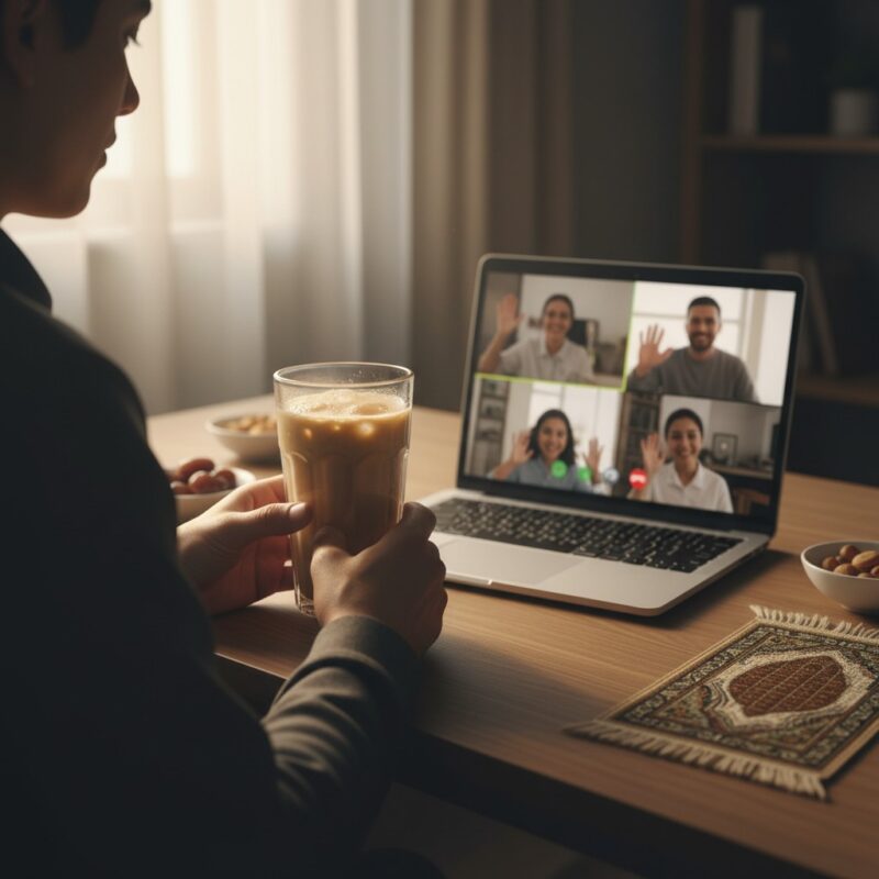 Person drinking date milk shake during suhoor pre-dawn meal while video calling family during Ramadan fasting.